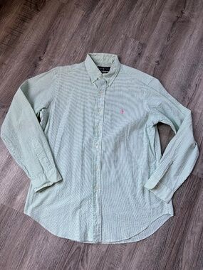 Ralph Lauren Classic Fit Seersucker Green Mens Button Down long Sleeve L Large